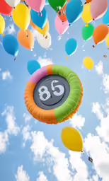 balloons flying in the air with a sign that reads eighty