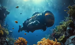 a man in a scuba suit swims in an underwater tunnel with fishes