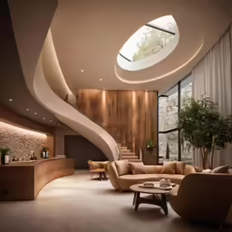 a living room with circular couches and an unusual staircase