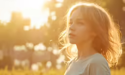 a young girl standing in a grass field