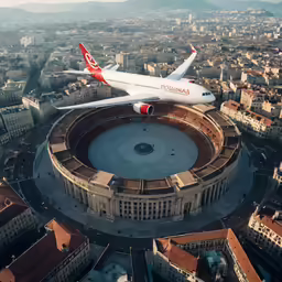an airplane is flying over the city in the air