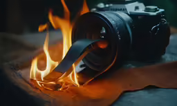 a camera sitting on top of fire with its flame coming out