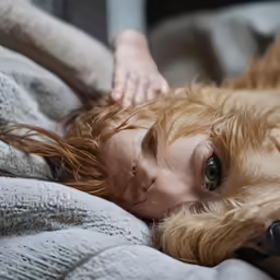the blonde dog is laying down in the bed