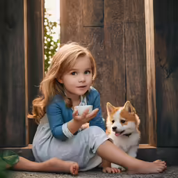 a little girl sitting on the ground with her puppy