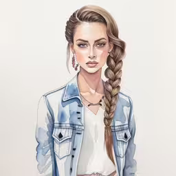 a woman wearing a denim jacket and shorts is shown in this watercolor drawing