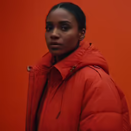 a woman wearing a jacket in front of an orange wall
