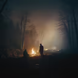 two people are standing around a campfire