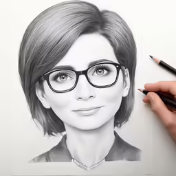 a pencil drawing of a woman in glasses