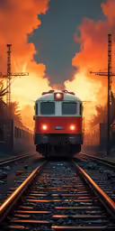 a train drives down the railroad tracks, in the middle of a beautiful sunset