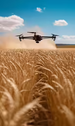 an aircraft flying low over a golden field
