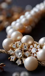 an elaborate necklace made with white pearls and crystals