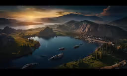 the sun shines through the clouds over mountains and lakes