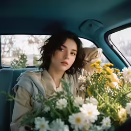 a young woman sitting inside a car holding onto a bouquet of flowers