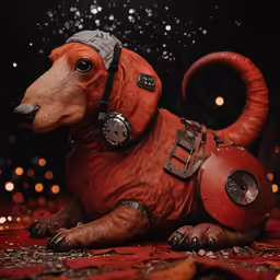 the large stuffed dog is dressed up like an oxen