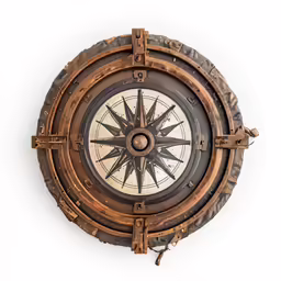 an old style wooden wall mounted compass with key