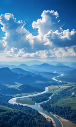 the view of a valley, river, and mountains from a helicopter