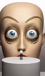a surreal looking man standing next to a very tall face