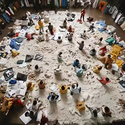 many figurines and stuffed toys sitting on top of a bed