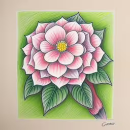 a drawing of a large pink and white flower,an artistic drawing of a pink and green flower