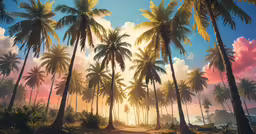 tropical island scene with palm trees and sunset