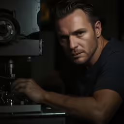 a man looking at a microscope in the dark