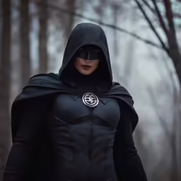 a woman in a black leather outfit standing in front of a wooded area