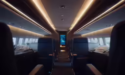 the inside of an airplane with dark seats