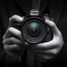 black and white photograph of person holding camera