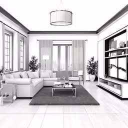 an outline picture of a living room with white furniture