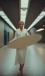 a woman dressed in white carries a large cardboard surfboard