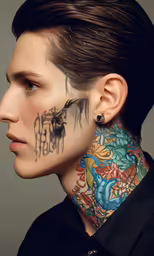 a woman with tattoos on her neck