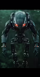 the robot is posed in front of some trees