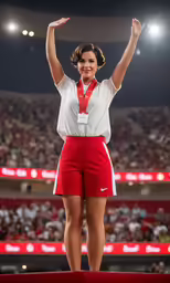 a woman on a podium raising her hand