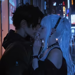 two people kissing each other on the street