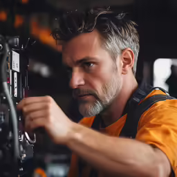 a man with a beard and greying is working on some machinery