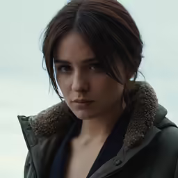 a young woman with a hooded jacket stares away from the camera