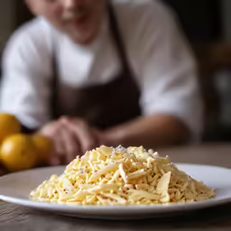a plate of noodles on a table next to some lemons