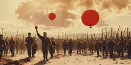 people holding up red balloons in front of a crowd of army