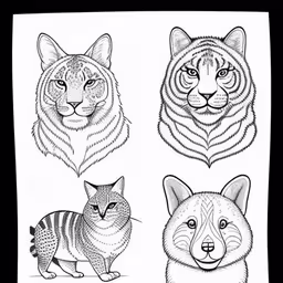 three images of different kinds of animals,three different drawing styles of animals that appear to be drawn,four images of the same animals with their markings,four different kinds of animals sitting on top of each other,four drawings of cats and dogs in one place