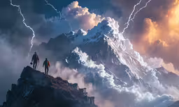 two people on a rocky mountain peak looking at lightning