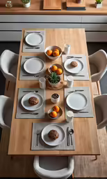 the dining table is neatly set with dishes, silverware, and fruit