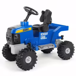 a toy tractor that is in blue and white