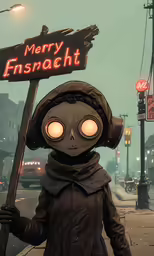 the image is of a person with strange hair and wearing a gas mask, holding a sign, and a head lamp