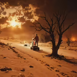 man cutting up the snow in front of a truck