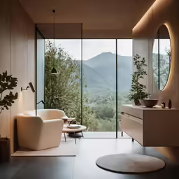 a bathroom with mirrors, plants and mountains outside