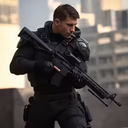 an uniformed man holding a rifle, standing next to a skyscraper