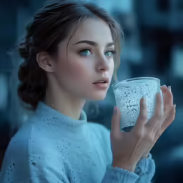 a woman is holding a cup of water