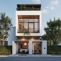 a car parked in the garage entrance of a white modern building