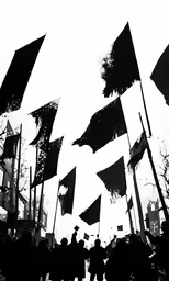 a group of people standing next to some black and white flags