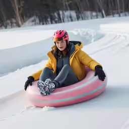 girl sitting on an inner tube in the snow